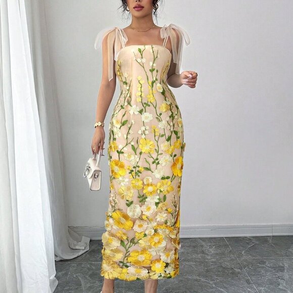 yellow Elegant Women's Mesh 3d Flower print Strap tie Maxi Dress - Picture 3 of 4
